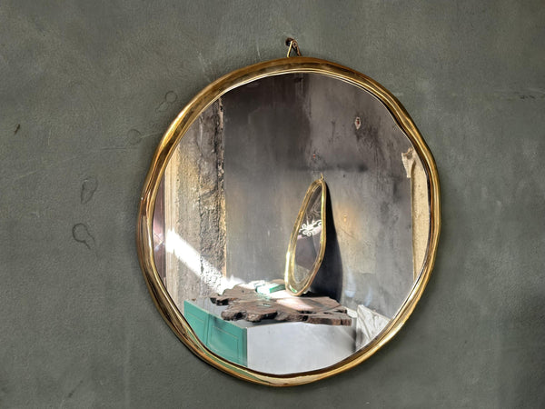Round Solid Brass Wall Mirror, Heavy Unlacquered Brass Bathroom Mirror